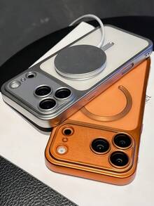 1pc Electroplated Luxury Matte Semi-Transparent Magnetic Phone Case, Compatible With IPhone 17 Pro Max, 17 Pro, 17 Air, 17 Pro Max, Supports Magnetic Wireless Charging, Shock-Resistant Back Cover Compatible With IPhone 16 Pro Max, 16 Pro, 16 Plus, 15 Pro Max, 15 Pro, 14 Pro Max, 15, 14, 13 Pro Max, 12/12 Pro Max, 13 - Orange - View 3
