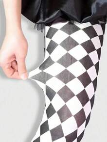 1 chiếc quần tất/legging/vớ nữ co giãn cao, họa tiết kẻ caro đen trắng, dáng bất đối xứng, gợi cảm. - Đen và trắng - Xem 5
