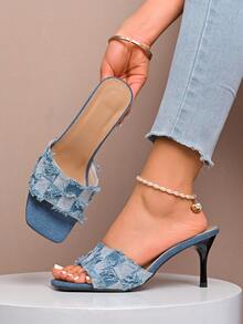 2026早春新款女士细跟露趾穆勒鞋，浅蓝色牛仔格纹流苏高跟凉鞋 - 淺藍色 - 查看 6