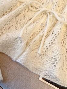 Women's Long Sleeve Knitted Cover Up Top, Personalized Twist Hollow V-Neck Tie Waist Spring Outerwear Knit Cover-Up, Beach Cover-Up - Apricot Color - View 4