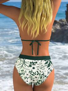 Conjunto de Bikini con Estampado de Hojas y Patchwork, Vacaciones de Playa de Verano - Multicolor - Ver 4