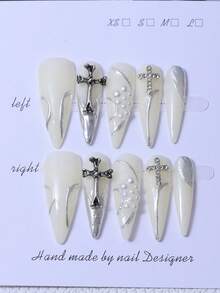 10片/套 手工长尖甲片，Y2K白色风格，3D手工十字镶嵌，手绘银线和珍珠设计，用于美甲装饰。包含1套果冻胶和1套指甲锉。非常适合日常使用，也适合科切拉音乐节等场合的造型，可作为美甲贴片和美甲护理产品。美甲用品 - 白色 - 查看 2