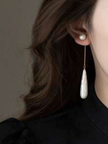 1 Pair Elegant French Style Textured Long Teardrop Pearl Earrings, Luxury Minimalist Design Suitable For Women's Daily, Party, Wedding, Engagement, Holiday Wear - White - View 6