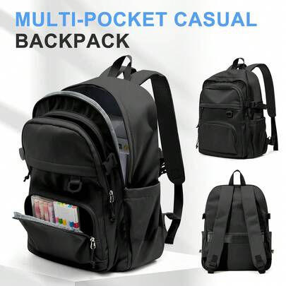 大容量女士背包，米白色帆布材质，多口袋休闲日用背包，青少年学生书包，旅行背包，笔记本电脑背包，可容纳14英寸笔记本电脑，内部空间布局合理，通勤背包，日常使用，是上学、通勤、旅行和日常使用的理想之选。