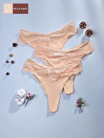 3pcs Plus Size Women Thong Panties, Apricot Color, Lace Patchwork Waistband, Comfortable Breathable Fabric
