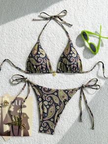 2025 Vintage Print Pattern Sexy Women Bikini Two Pieces Set Vacation Beach Summer - Multicolor - View 1