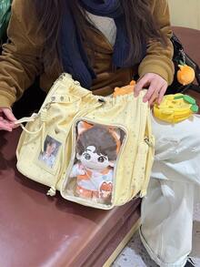 1pc Cute Sweet Campus Style Large Capacity Canvas Drawstring Backpack With Transparent Badge, Bowknot Design, Suitable For Daily, Commute, Party, Shoulder & Crossbody Bag - Multicolor - View 8