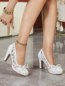 White Mesh Round Toe Pumps, Chunky Heel Slip-On Bowknot Breathable Shoes For Women - White - View 15