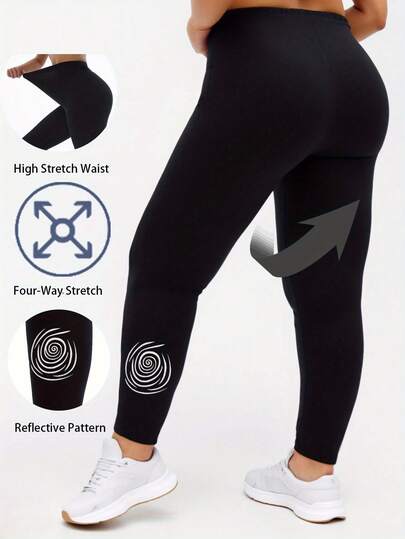 Plus Size Women's Black Leggings With Shiny Reflective Fingerprint Print, Stretchy & Soft, Suitable For Outdoor Activities, Vacation, Walking, Shopping, Sports, Fitness, Yoga, Spring/Summer