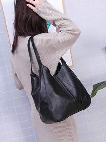 Bolso de hombro tipo cubo para mujer, bolso de mano de gran capacidad de moda minimalista, bolso de hombro de piel sintética suave, bolso con cremallera - Negro - Ver 3