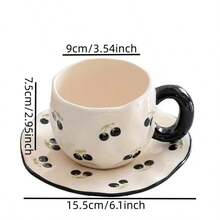 釉下彩陶瓷手绘咖啡杯碟套装，高品质可爱拉花马克杯碟套装 - 彩色 - 查看 8