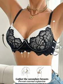 女士性感蕾丝加垫聚拢文胸 - 黑色 - 查看 2