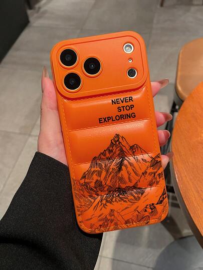 Never Stop Exploring Inspirational Slogan Design, Fashionable Down Jacket Texture Orange Phone Case Compatible With IPhone, Perfect Birthday Or Holiday Gift For Boys And Girls