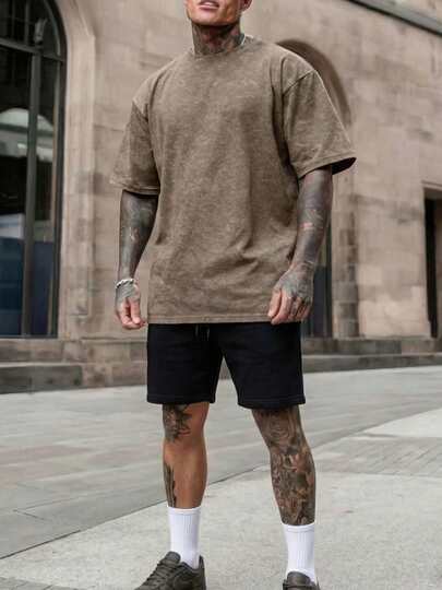 Men's Vintage Washed Solid Color Round Neck Short Sleeve T-Shirt And Drawstring Waist Shorts Casual Suit, Summer