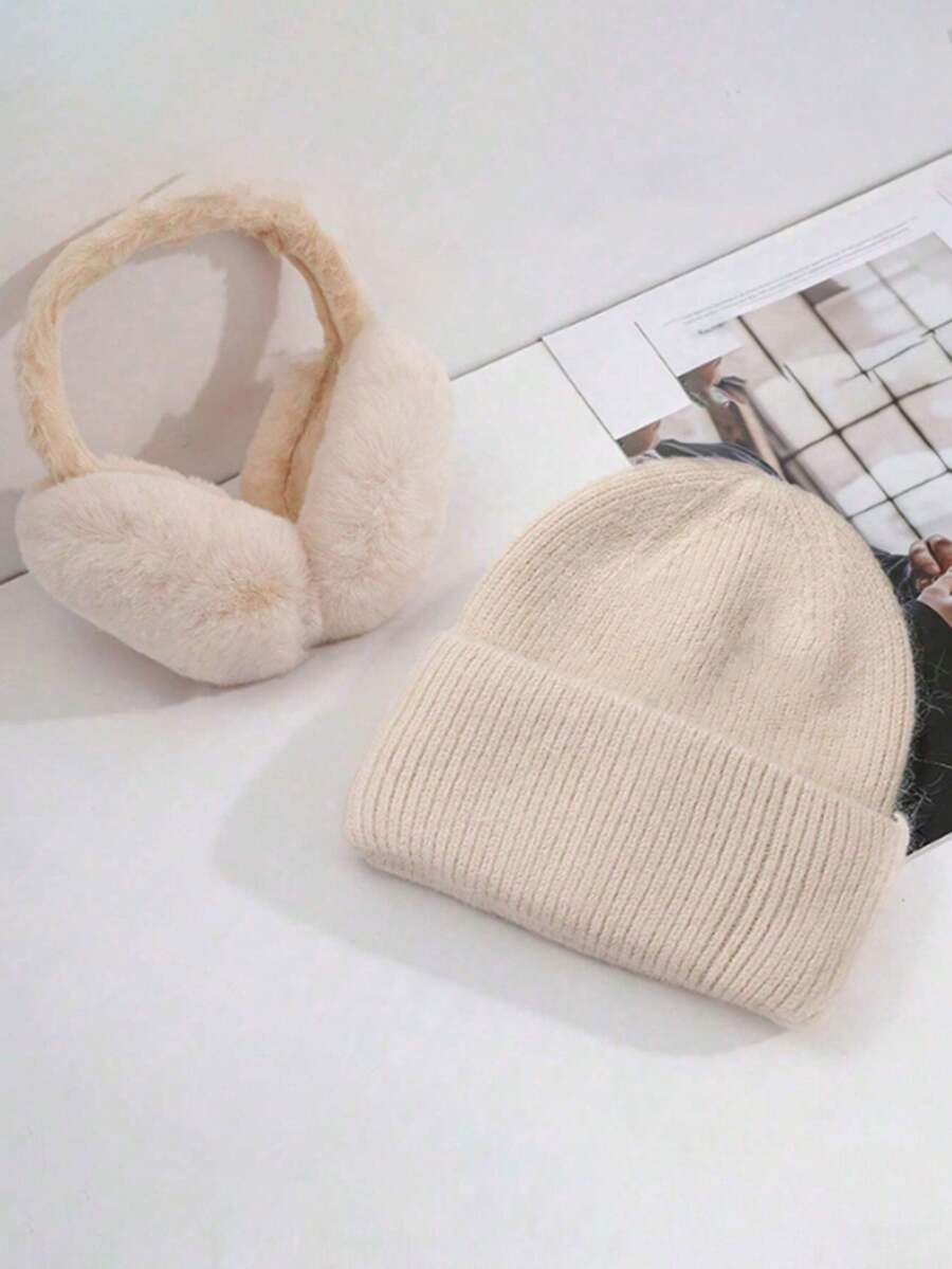 1顶米色针织帽 + 1副可折叠毛绒耳罩，女士可爱保暖耳罩，可调节头带，抓绒内衬，男女通用冬季保暖耳罩 - 1pc耳罩+1pc針織帽 米色 - 查看 1