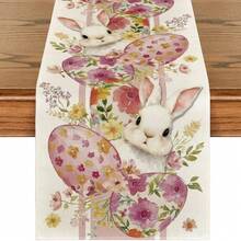 1 pieza Camino de mesa de Pascua con conejo y flores de primavera, decoración de mesa de cocina y comedor de temporada, adecuado para reuniones en el hogar - Multicolor - Ver 3