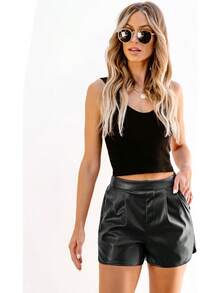 Faux Leather Shorts Women High Waisted Pleated Wide Leg Stretchy Shorts With Pockets PU Leather PantsA Valentine's Day SFP6 - 藍色深淵 - 查看 4