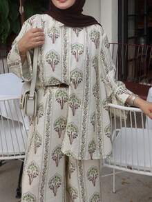 Women's Spring/Summer New Elegant Fashion Casual Floral & Plant Digital Print Loose Long Sleeve Shirt Collar Dropped Shoulder Shirt, Pleated Waist Wide Leg Long Pants Two Pieces Set - Floral & Plant Digital Print Pattern, Shirt Collar, Front Button, Loose Long Sleeve Shirt, Pleated Waist, Loose Wide Leg Pants, Thin Two Pieces Set, Suitable For Casual Outings, Ramadan Eid, Valentine's Day, Vacation, Beach, Commuting, Daily Wear - Multicolor - View 4