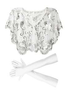 2Pcs D EXCEED 1920s Women's Sequin Shawl With Long Gloves Set, Retro Classic Gatsby Costume Collection - For 20s Retro Party, Balls, Galas, Weddings, Cosplay, Cocktail Party - Multicolor - View 15