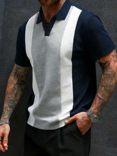 Camisa polo casual de bloques de color para hombre ONE WAVE, versátil para uso diario, primavera/verano