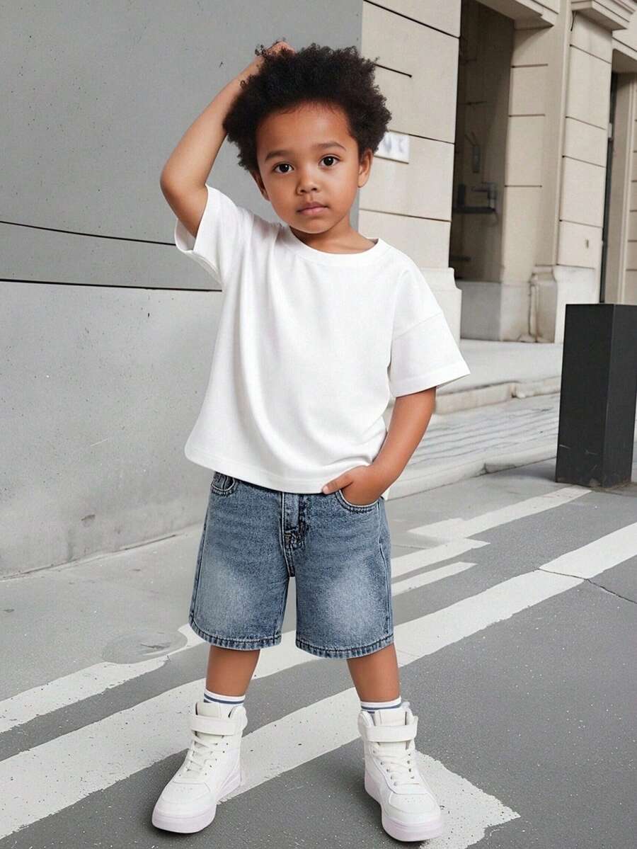 Vintage Washed Light Color Embroidered Adjustable Waist Distressed Denim Shorts For Young Boys