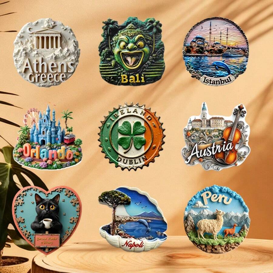 探索世界，品味当下：亚克力磁贴，包含 8 幅标志性城市景观和 1 幅温馨场景，生动的 2D 浮雕和奇趣细节——从秘鲁的羊驼到舒适的黑猫，让旅行的渴望与日常的舒适感在你的冰箱上完美融合。 - 彩色 - 查看 1