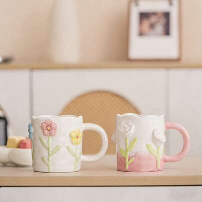 3D立体花卉陶瓷马克杯，不对称浮雕郁金香、铃兰，手工制作，情人节独特礼物