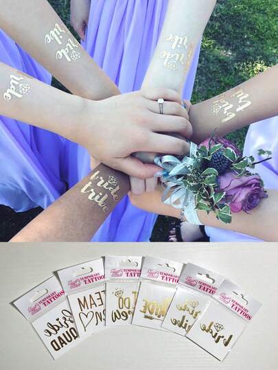 6张单身派对婚礼临时纹身贴纸，新娘单身派对金属金色纹身贴纸，适用于伴娘团纹身