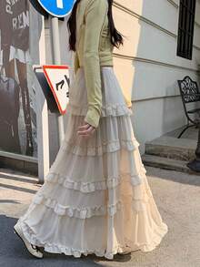 甜美雪纺荷叶边半身裙，高腰A字长裙，修身显瘦，2026春夏款 - 杏色 - 查看 7