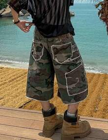 Camo Jean Shorts Y2k Baggy Jorts Grunge Below Knee Cargo Shorts MenA Valentine's Day IBFN - 迷彩 - 查看 5