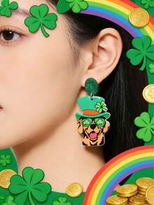 圣帕特里克节可爱猫狗幸运亚克力耳环一对 - 綠色 - 查看 2