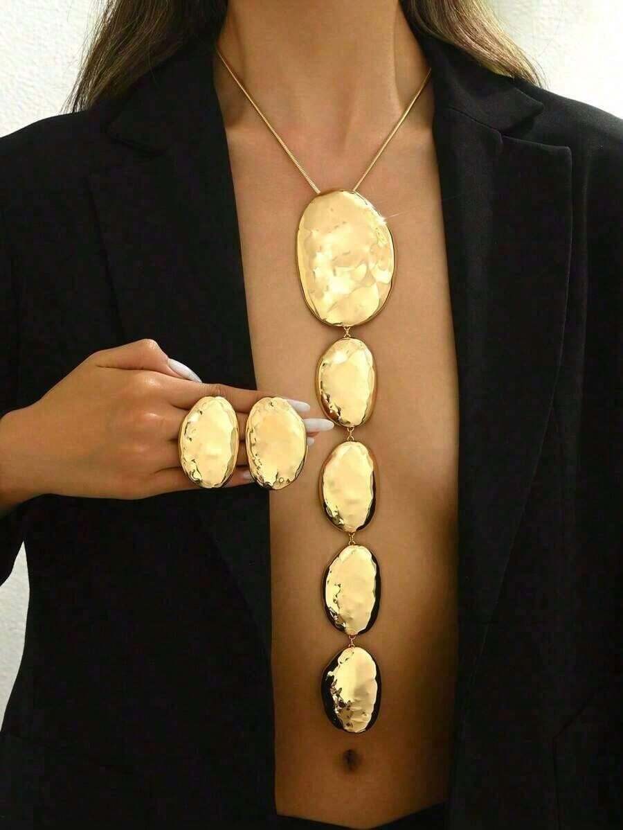 2pcs Gold Metallic Geometric Asymmetrical Ellipse Pendant Necklace & Earrings Set, Exaggerated Long Chain Necklace, Personalized Fashion Jewelry Set, Snake Bone Chain Y-Necklace, Party, Formal Dress Accessories - 金子 - 查看 1