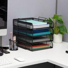 Betesh Mind Reader Stackable Paper Tray Desktop Organizer File Storage Office Metal Mesh 10.5" L x13.5 W x11.25 H 4 Pcs. Black - Negro - Ver 2