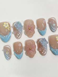 10片装蓝色法式3D立体杏仁形短款可爱花朵Y2K温柔少女ins风手工可佩戴美甲贴片，适合日常佩戴，按压式美甲贴纸，美甲配件，美甲用品，手工按压式美甲贴片 - 藍色 - 查看 4