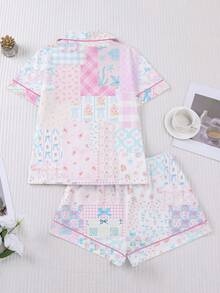 Bộ đồ ngủ HOREA 2 món kiểu dáng thường ngày, họa tiết hoa kẻ caro dễ thương dành cho nữ, áo tay ngắn cổ bẻ thoải mái và quần đùi cạp chun, thích hợp mặc ở nhà, mặc ngủ, dự tiệc, và mọi mùa. - Hồng - Xem 2