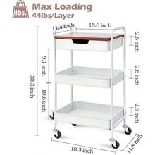 3-Tier Metal Rolling Utility Cart With Drawer And Wooden Table Top, White Storage Trolley With Locking Wheels For Kitchen, Office, Classroom, Dorm, And Bedroom - White - View 2