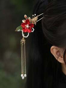 1个红色花朵蝴蝶流苏发夹，优雅淑女复古发夹，女士及女孩盘发发饰，长链流苏合金发夹，山茶花盘发头饰，适合情人节日常/下午茶/派对/新娘发饰 - 彩色 - 查看 3