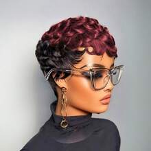 Pixie Cut Wig Wig For Women Human Hair Curly Wave Short Wig Human Hair For Black Women Black Pixie Wig For Women None Lace Front Full Machine Made Black With Brown, Black With Burgundy Colored Short Wigs For Black Women Layered Pixie Haircut Wigs With Bangs Human Hair - 彩色 - 查看 14
