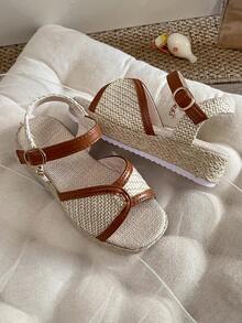 Girl's Woven Wedge Sandals With Ankle Strap & Rhinestone Buckle - Beige - View 7