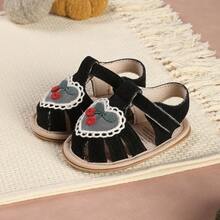 1 Pair Fashion Versatile Cherry Sandals With Lace Trim Heart Design, Soft Bottom Pre-Walker Shoes, Suitable For Infants & Toddlers, Party/Vacation - Black - View 9