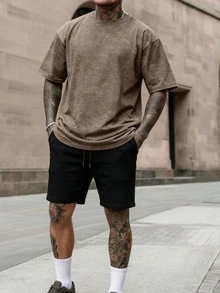 男士复古水洗纯色圆领短袖T恤搭配抽绳短裤休闲套装，夏季 - 棕色 - 查看 2