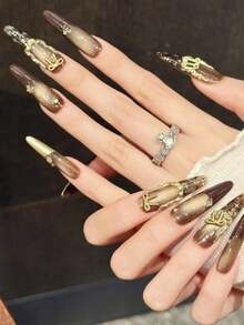 10片手工尖头美甲贴片，适合派对和日常佩戴，“棕色蝴蝶金色奢华”棕金色渐变蝴蝶结蕾丝复古奢华尖头美甲贴片，易于佩戴；10片Y2K手工按压式美甲贴片，适合女孩和女士在节日派对和日常美甲时佩戴。 - 金色 - 查看 3