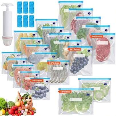 EMAGIE Bolsas Reutilizables para Alimentos - 22 Piezas Bolsas de Vacio Con Bomba de VacíoBolsas Reutilizables de Doble Uso para Conservar la Frescura el Vacío Para Almacenar Verduras Frutas y Cereales