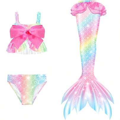 Colas de Sirena para Nias Nadando, Traje de BaO 3 Piezas para Nios, Traje Bao Sirena Bikini, Conjunto Cola, Ropa Cosplay