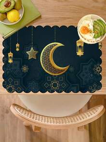 热销 1/4/6 件套开斋节斋月波浪边餐垫套装 | 12*18 英寸黑金月亮图案，适用于餐桌、餐厅、生日派对和用餐装饰，亚麻材质，可手洗和机洗 - 彩色 - 查看 1