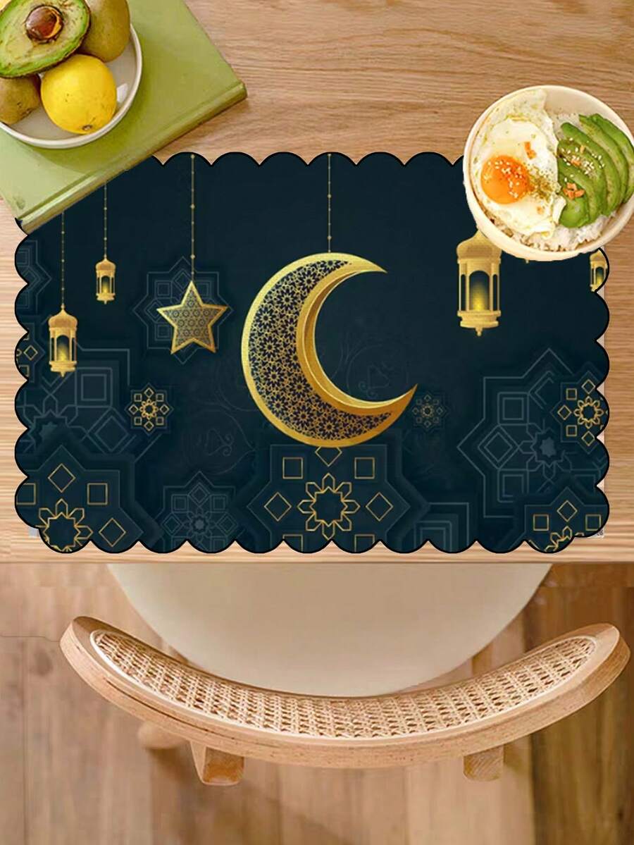热销 1/4/6 件套开斋节斋月波浪边餐垫套装 | 12*18 英寸黑金月亮图案，适用于餐桌、餐厅、生日派对和用餐装饰，亚麻材质，可手洗和机洗 - 彩色 - 查看 1