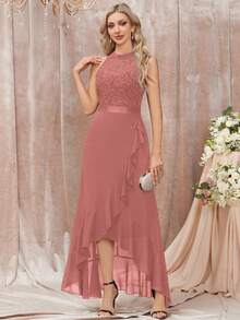 MIUSOL Rochie maxi cu imprimeu floral și volane, cu imprimeu petecă - Roz praf - Vizualizare 3