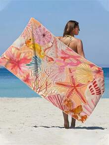 250克超强吸水速干超细纤维沙滩巾，海星贝壳图案，适用于沙滩、泳池、瑜伽、旅行、露营、游泳、野餐，尺寸为27.6英寸×55英寸或35.4英寸×70英寸，也可作浴室装饰。 - 橘色 - 查看 5