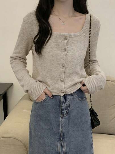 Square Neck Short Solid Color Long Sleeve Knit Cardigan, Autumn/Winter