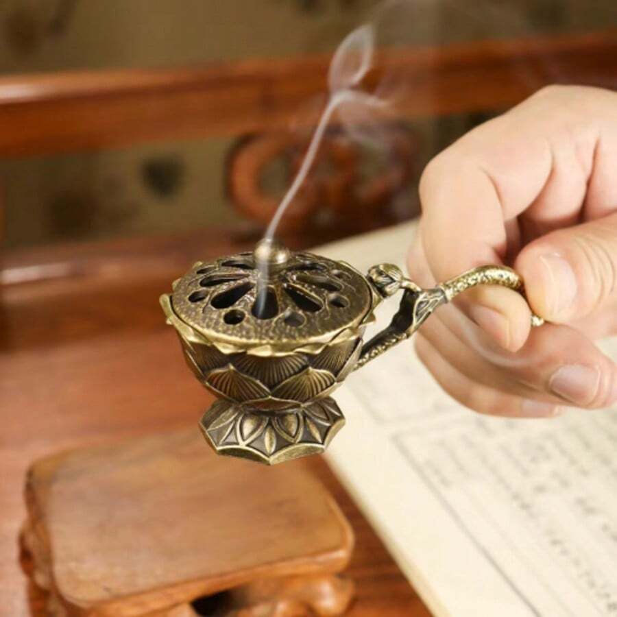 1个锥形花形香炉 - 空心香炉雕塑带盖,陶瓷锥形香炉,花形设计,花盘香炉,瑜伽桌装饰 - 銅色 - 查看 1